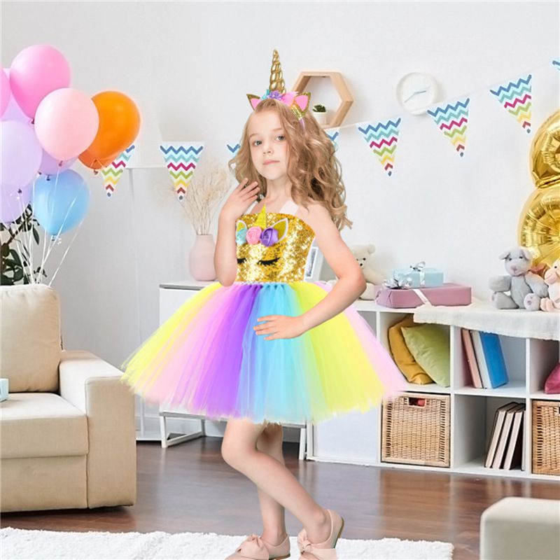 Unicorn girl Cosplay Girls Dress Rainbow Pattern Halloween Party Dress Hair Band Suit kid gift