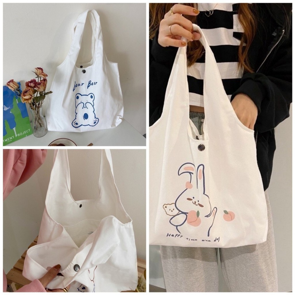 Túi tote vải canvas liền thân họa tiết dễ thương hình con thỏ có ngăn phụ cúc bấm siêu hot