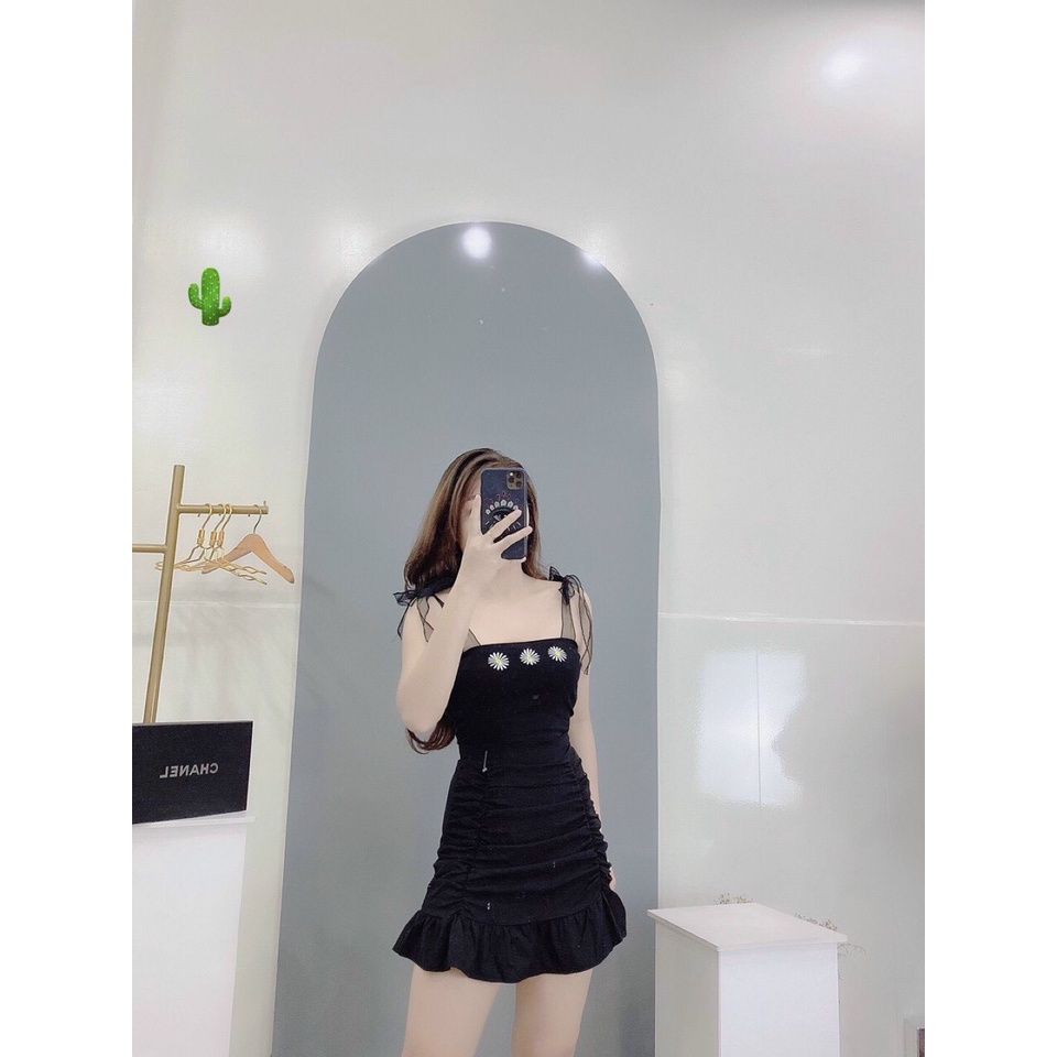 áo 2 dây ruy băng nơ vai thêu hoa cúc pc