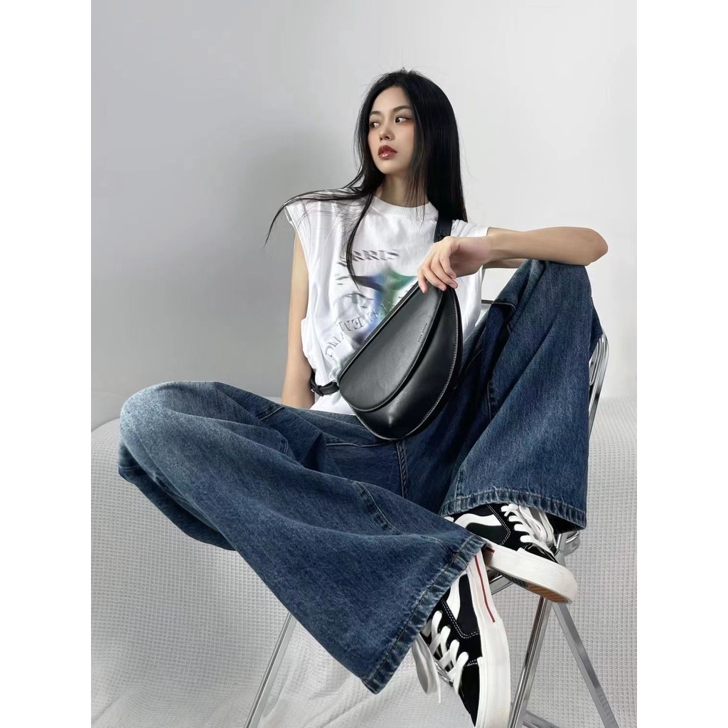 Quần Jean Ống Rộng Lưng Cao Phong Cách Retro Mỹ Thời Trang Mùa Thu Cho Nữ