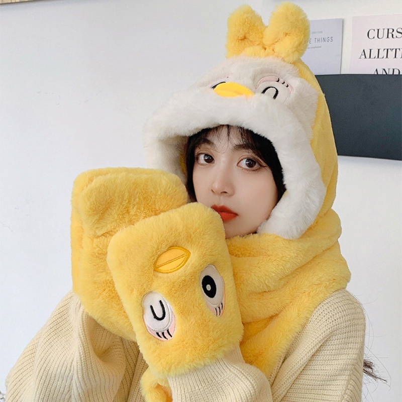 Nón Khăn Choàng Cổ 3 Trong 1 Kèm Găng Tay Giữ Ấm Mùa Đông Kiểu Dáng Hoạt Hình Dễ Thương Dành Cho Nữ