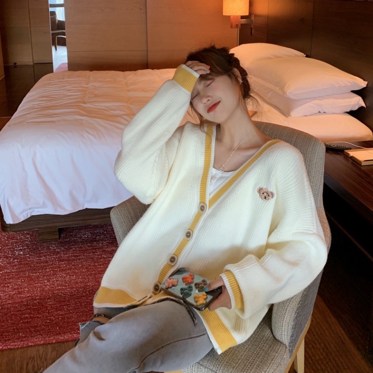 Áo khoác cardigan len nữ dệt kim tay dài dáng rộng thời trang cổ chữ V phong cách Hàn Quốc H-5-1