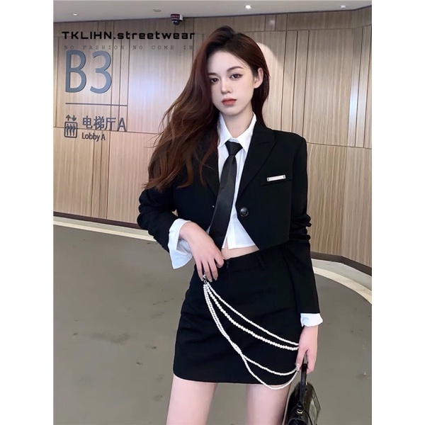 (SẴN) TKLIHN Set váy VEST ulzzang áo khoác BLAZER croptop + chân váy body phong cách văn phòng FASHION 2021 KÈM ẢNH THẬT