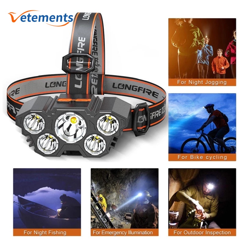 1 đèn pin đeo đầu 5 bóng LED đa năng sạc cổng USB