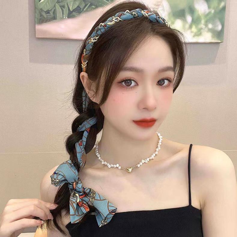 Bờm Cài Tóc Nữ Tết Dây Lụa Hoạ Tiết Siêu Xinh