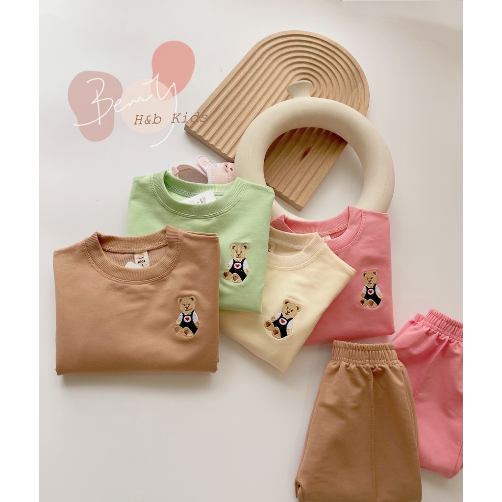 Bộ dài tay thu đông cho bé trai bé gái, Bộ Nỉ hình Gấu Thêu chất da cá cao cấp Sz 7 - 20kg