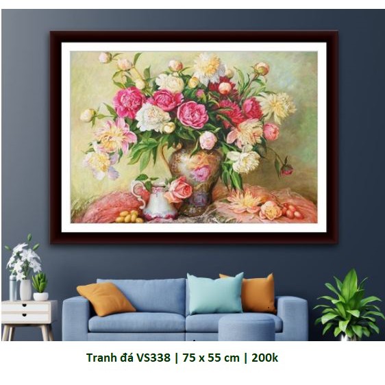 Tranh đính đá bình hoa VS338 (75 x 55 cm), tranh thêu kín A1184 (68 x 48 cm)