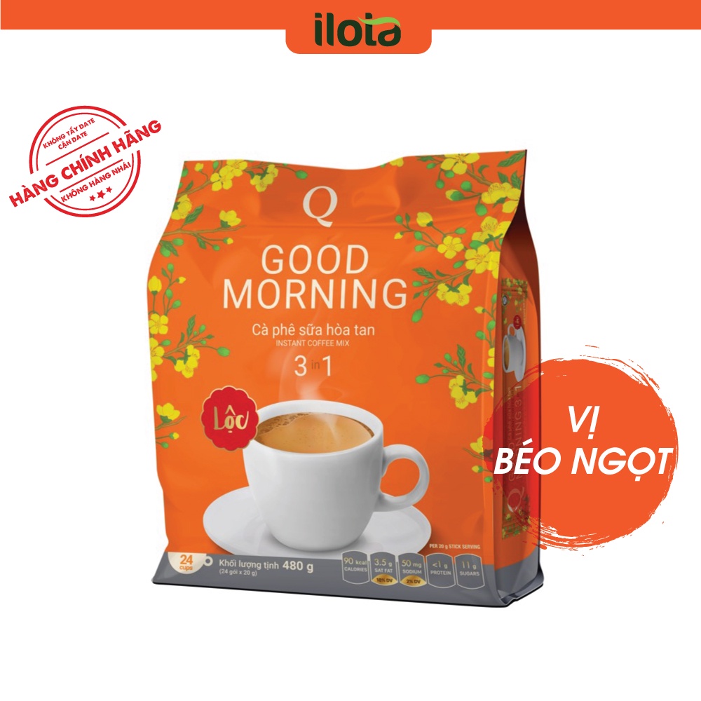 Cà phê Hoà tan 3 in 1 Goodmorning (bịch 24 gói x 20gr) Cafe sữa uống liền Trần Quang Coffee