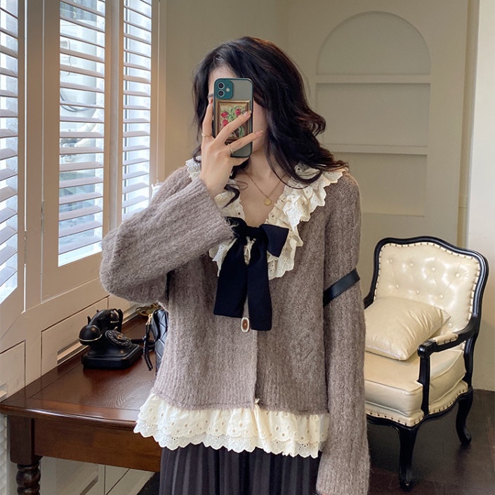 Bộ Áo Khoác / Chân Váy Đơn Phối Ren Dáng Rộng Thời Trang Thu Đông Mới Cho Nữ