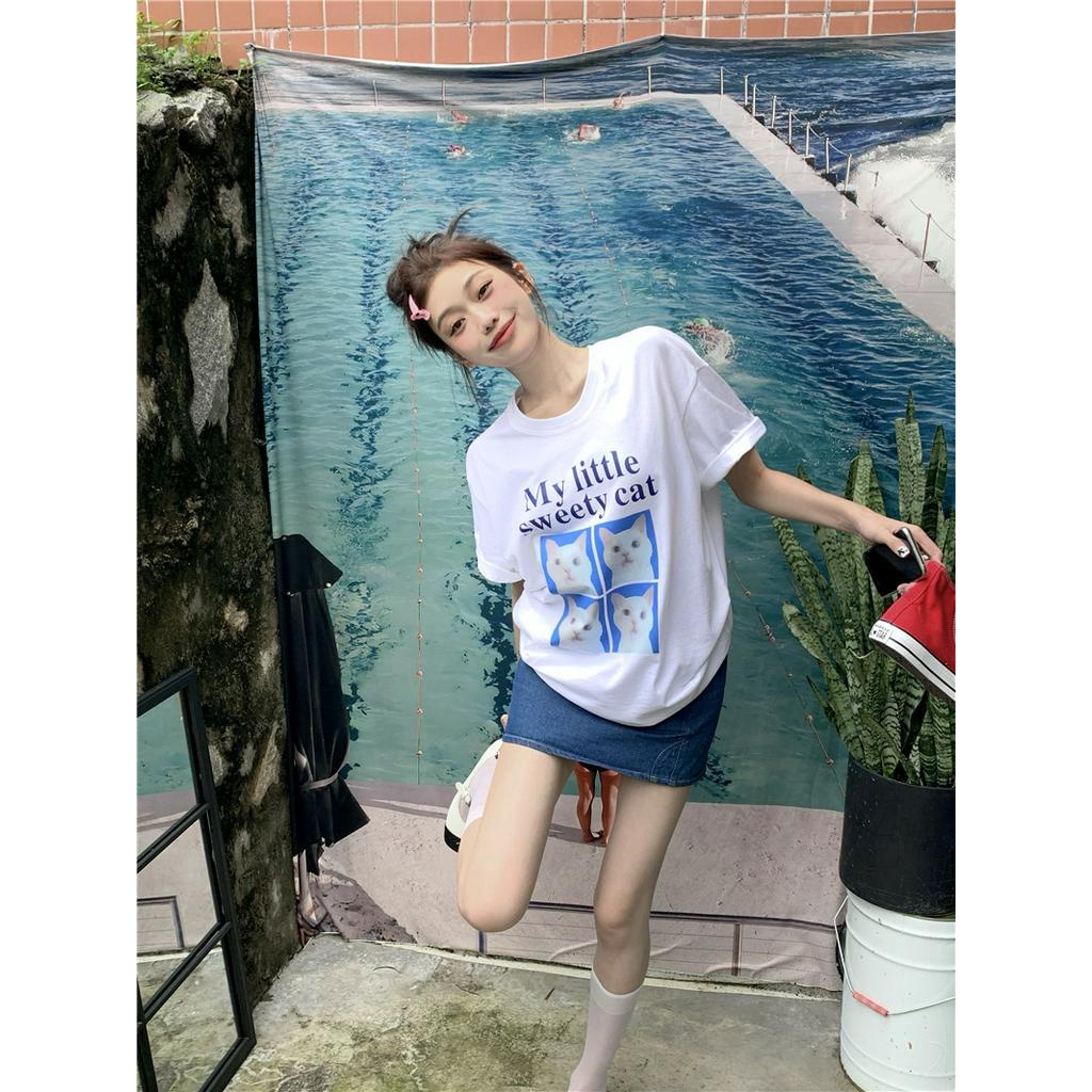 Áo Thun Cotton Cổ Tròn Dáng Rộng Ngắn Tay In Hình Mèo Dễ Thương 63931