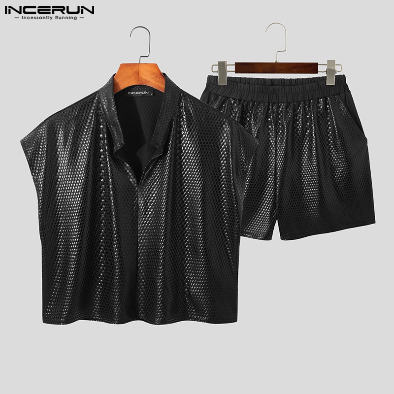 INCERUN Bộ Đồ Đi Biển 2 Mảnh Gồm Áo Ba Lỗ Đính Kim Sa + Quần Short Phong Cách Punk Gothic Thời Trang Cho Nam
