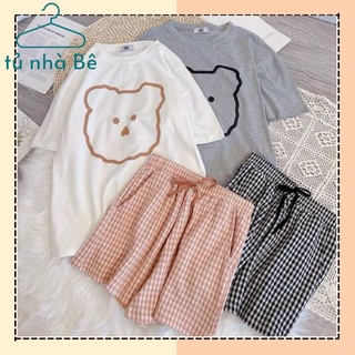 [MỚI] Set bộ form to quần áo dáng rộng hình gấu dễ thương, kèm quần kẻ 2 tông màu, freesize 35kg đến 65kg