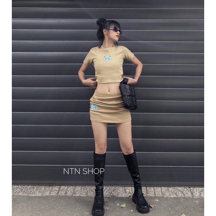 SET Áo Croptop + Chân Váy (thêu bướm) aL