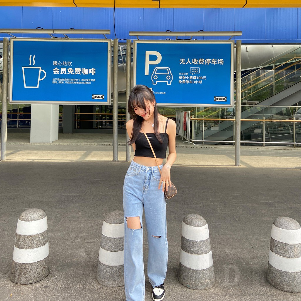 Quần jean dài lưng cao ống rộng kiểu dáng thời trang phong cách Hàn Quốc dành cho nữ PALAZZO