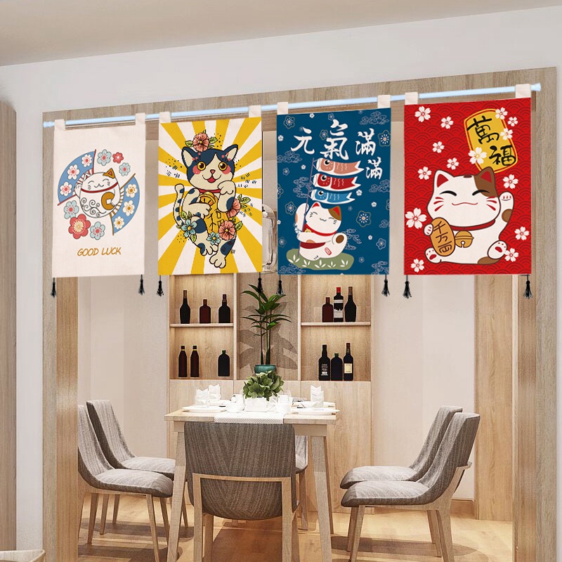 Rèm Cửa Ngắn Họa Tiết Mèo May Mắn Phong Cách Nhật Bản Trang Trí Năm Mới