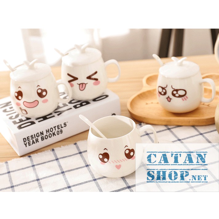 01 Ly cốc sứ có nắp (kèm muỗng)  hình biểu cảm siêu cute (giao mẫu ngẫu nhiên) HK062