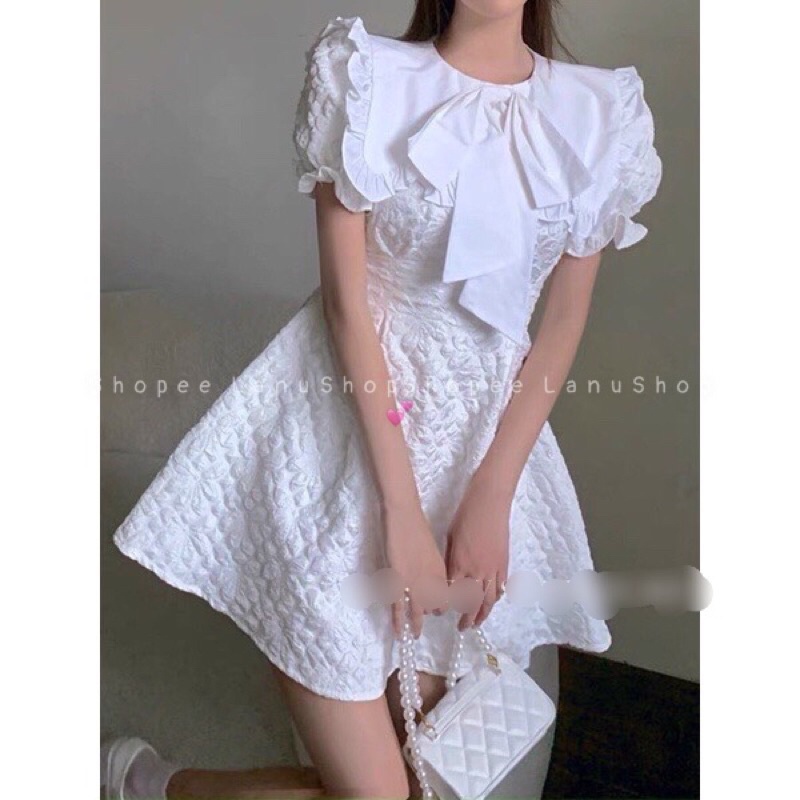 Váy xốp cổ bèo nơ đáng yêu, váy cổ sen tay bồng