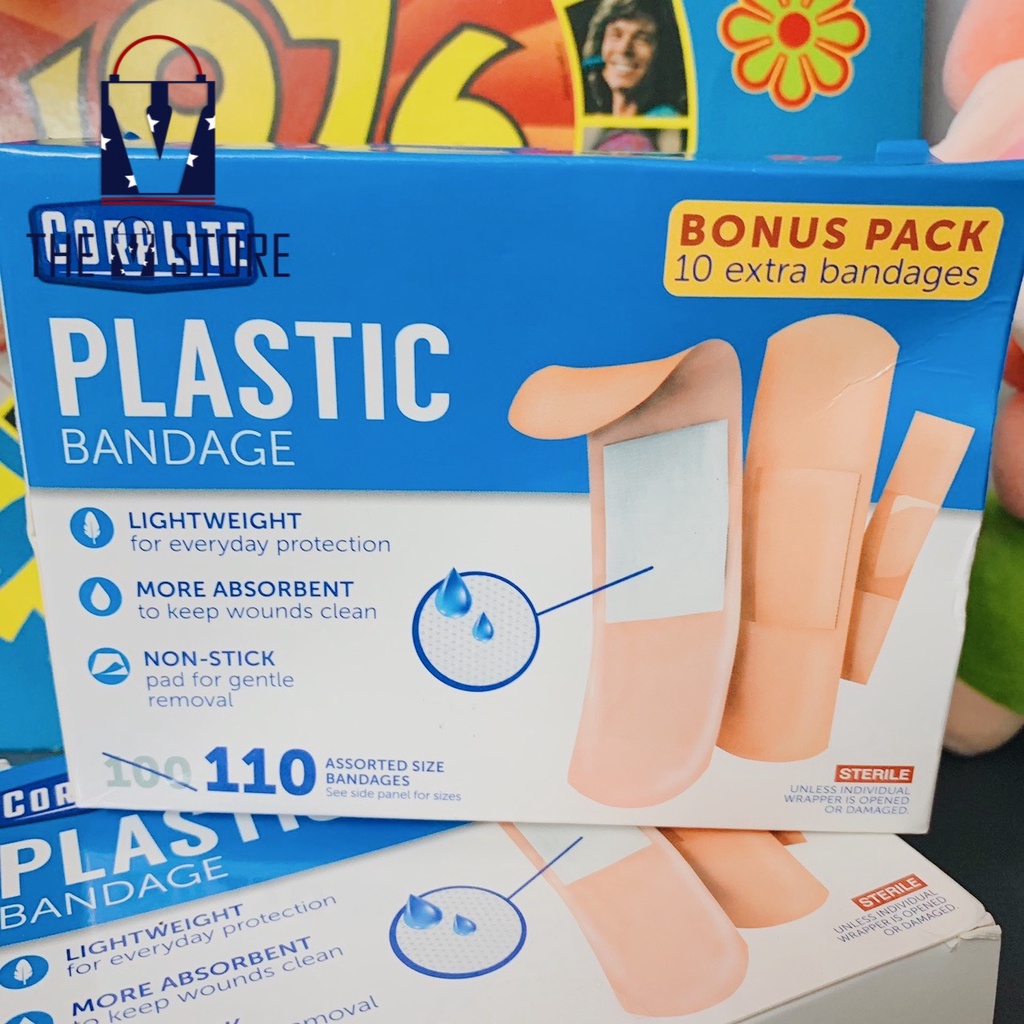 BĂNG CÁ NHÂN CORALITE PLASTIC BANDAGE 110 MIẾNG, HÀNG NHẬP MỸ