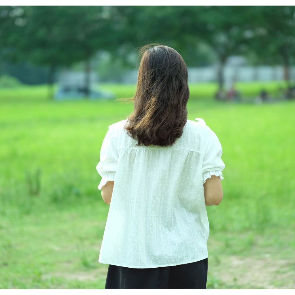 Áo sơ mi kiểu trắng tiểu thư cộc tay đính nơ  - Áo sơ mi trắng viền bèo Zuca Shop | BigBuy360 - bigbuy360.vn