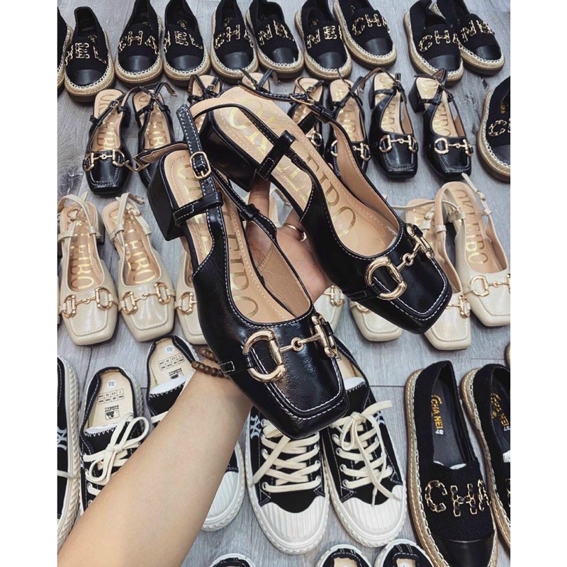 Sandal mũi vuông khuy ngang gót 3cm
