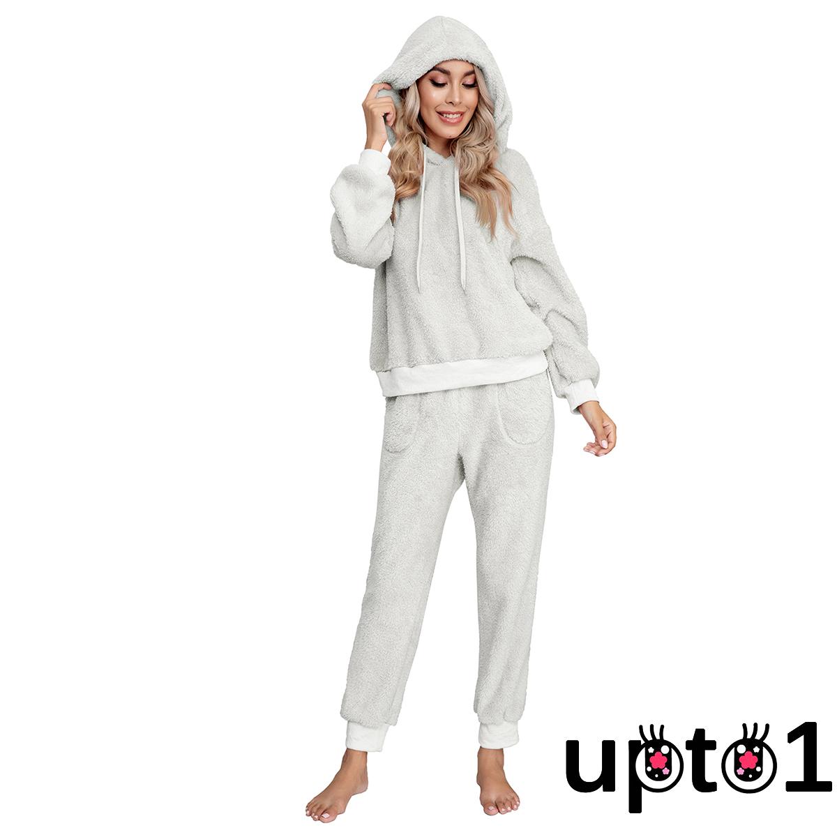 Bộ Đồ 2 Món Áo Hoodie Tay Dài Vải Lông Cừu Hai Mặt Phối Quần Dài Giữ Ấm Mùa Đông Cho Nữ