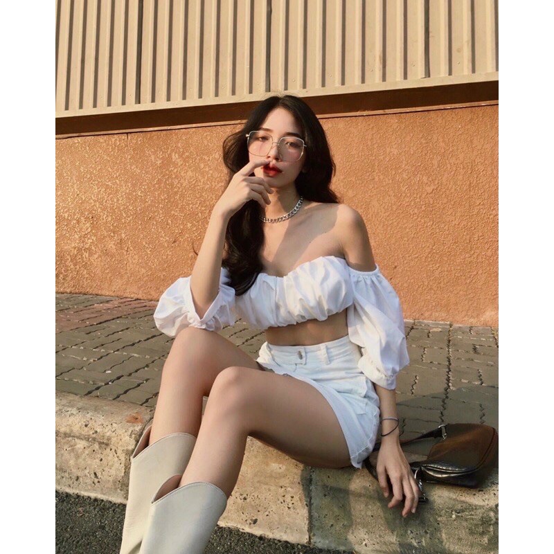 Áo voan croptop bẹt vai có mút tay phồng sexy khoe vai trần - Mã: 523 TV-fashion