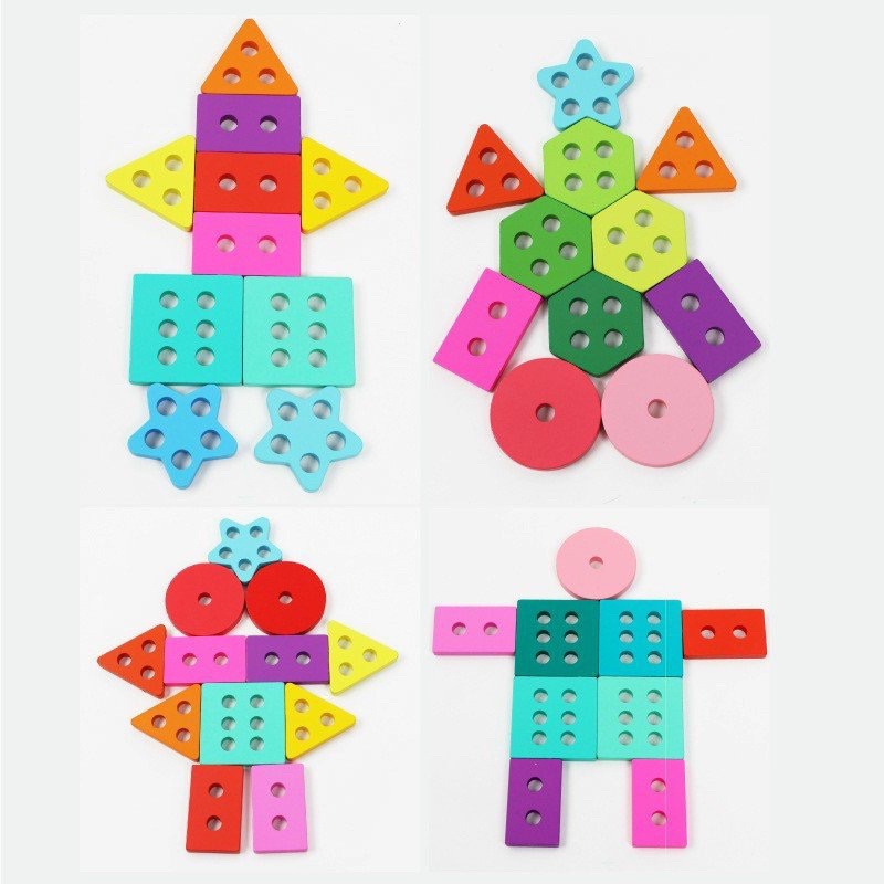 Đồ Chơi Gỗ Montessori Bộ Thả Cọc 6 Hình Khối Màu Sắc Cho Bé Phát Triển Trí Tuệ