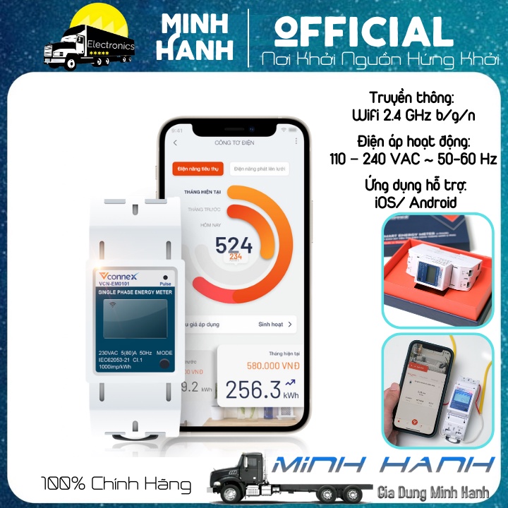 Công Tơ Điện Tử Thông Minh 1 Pha Vconnex - Giám Sát Và Theo Dõi Tiêu Thụ Điện, 80A, Class 1.0, Wifi 2.4 Hz