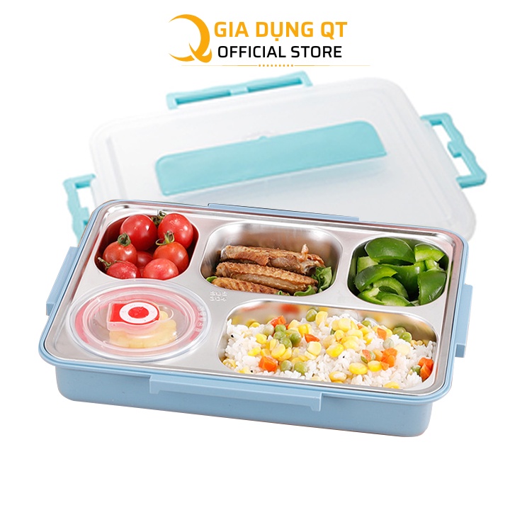 Khay đựng cơm inox (304) 5 ngăn có bát canh sâu lòng có nắp đựng giữ nhiệt cầm tay tiện ích
