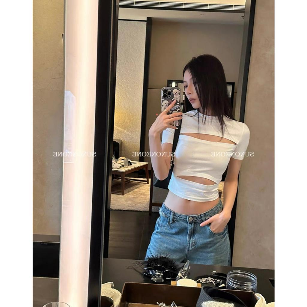 Cocory vn Áo Thun Tay Ngắn Thiết Kế Khoét Lỗ Thời Trang Mùa Hè Quyến Rũ Cho Nữ