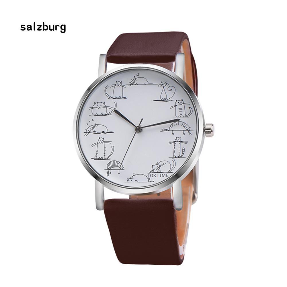Đồng hồ nữ mặt in hình mèo hoạt hình dễ thương dây giả da | BigBuy360 - bigbuy360.vn