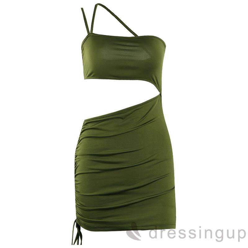 Váy Liền Một Mảnh Xéo Vai Màu Trơn Thiết Kế Vải Nhún Thời Trang Cho Nữ