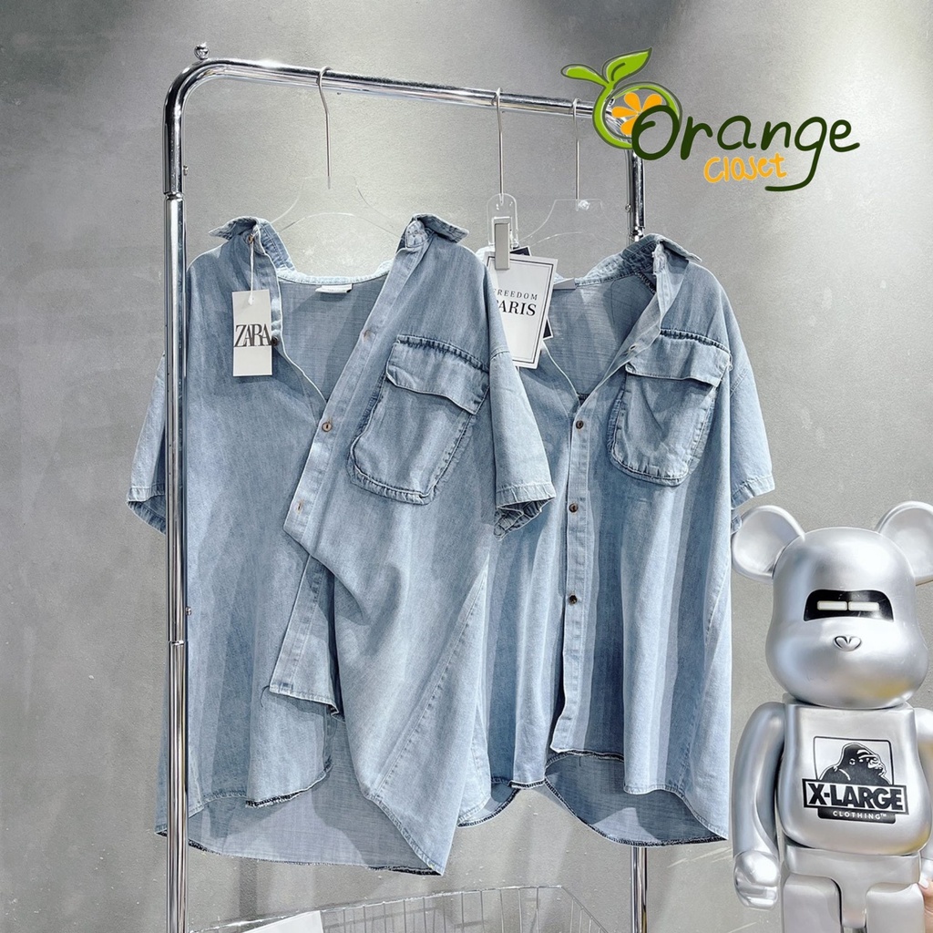 Áo sơ mi jean nữ có túi tay dài phối hình dễ thương. Áo sơ mi bò nữ tay dài Free size 45>>60kg OR26301 | BigBuy360 - bigbuy360.vn