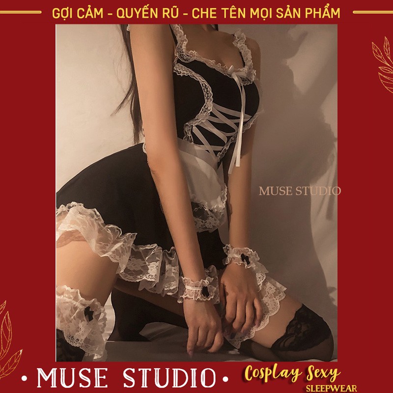 Đồ bộ ngủ Cosplay chất siêu đẹp, váy đầm ngủ Cosplay anime người hầu gái sexy, bộ set 6 món cao cấp