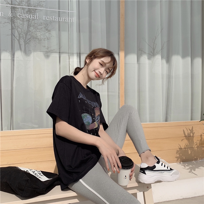 SUXI Áo thun nữ ngắn tay cổ tròn in họa tiết độc đáo phong cách Hàn