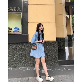 Áo sơ mi denim cộc tay form rộng túi ngực