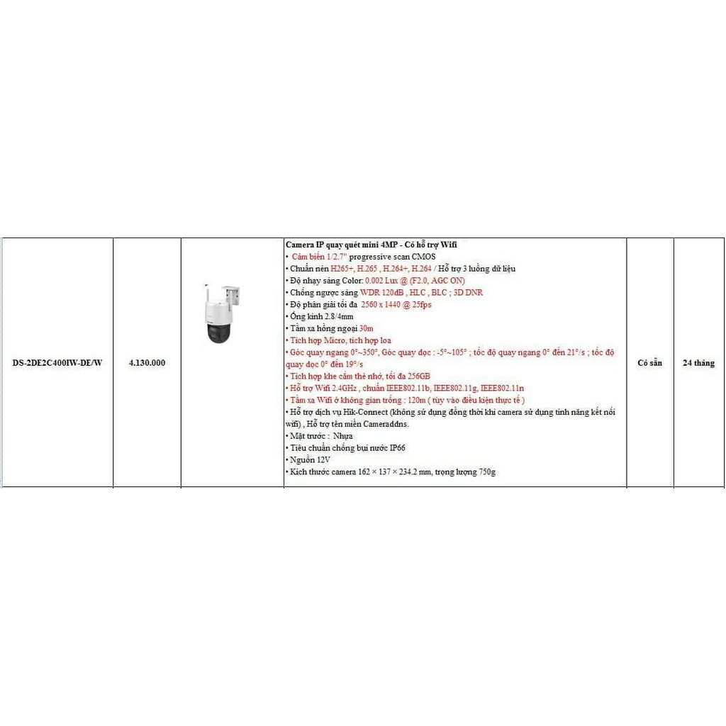 Camera IP quay quét mini 4MP - Có hỗ trợ Wifi DS-2DE2C400IW-DE/W | BigBuy360 - bigbuy360.vn