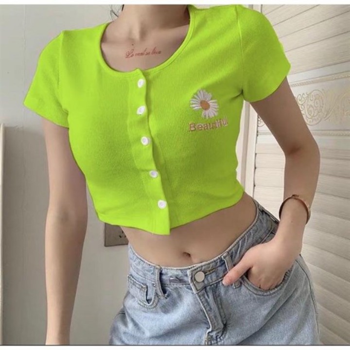 Áo Thun Croptop Nữ Thêu Bông Cúc