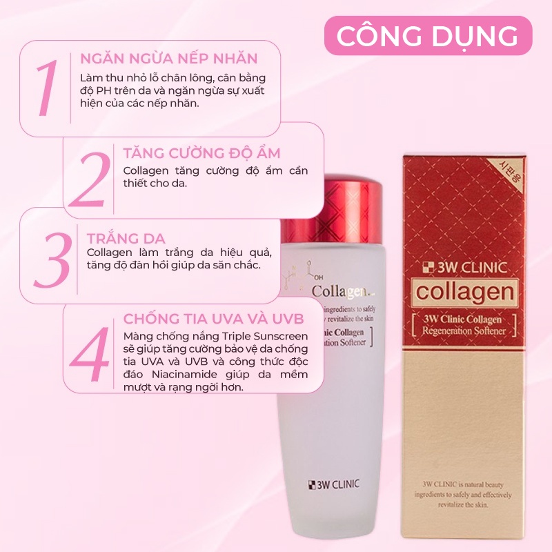Nước hoa hồng dưỡng da săn chắc chống lão hóa tinh chất Collagen 3W CLINIC Hàn Quốc 150ml