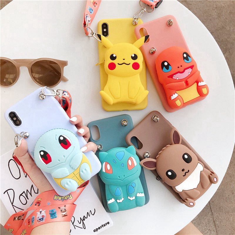 Ốp điện thoại dạng ví hình Pokemon có dây đeo cho Apple iPhone 11 Pro Max X XS XR XS Max SE 2020