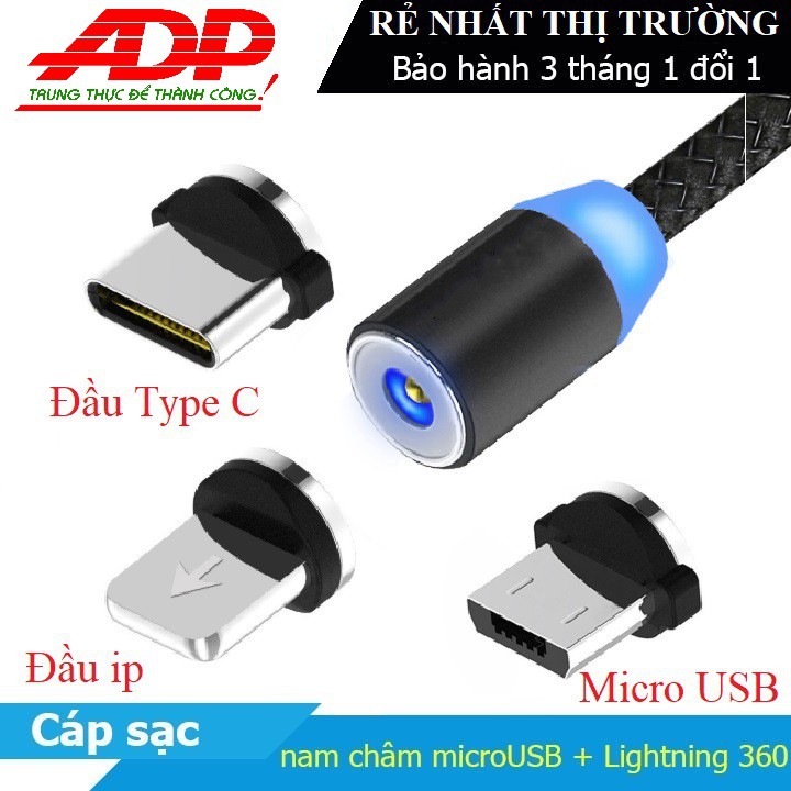 [COMBO 1 DÂY+3 ĐẦU SẠC] Cáp sạc từ hút nam châm đầu Iphone- micro USB - Type C - Dây dù - xoay 360 độ có LED cao cấp