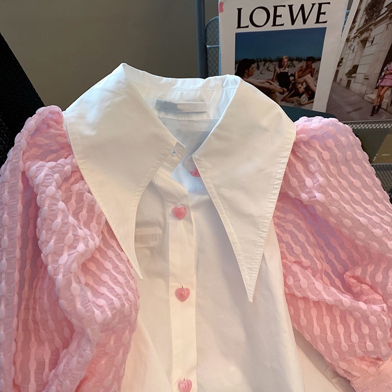 Áo Sơ Mi Ngắn Tay Phồng Ngắn Cổ Bẻ Phối Nút Hình Trái Tim Màu Hồng Ngọt Ngào Thời Trang Mùa Hè Cho Nữ