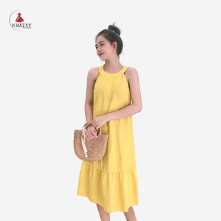Đầm Nữ NHẬT VY Cổ Yếm Sát Nách Chất Lụa Xước Đi Chơi Dáng Suông Màu Trắng, Đen, Vàng - D1589