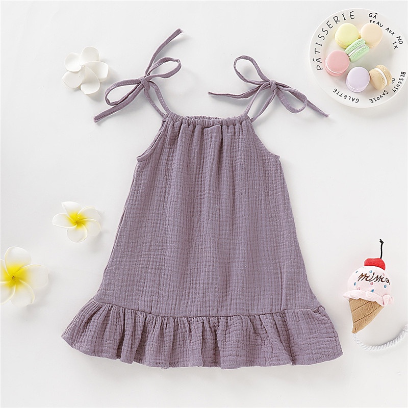 Đầm hai dây MIKRDOO bằng vải lanh cotton màu trơn dễ thương thời trang mùa hè cho bé gái 1-5 tuổi
