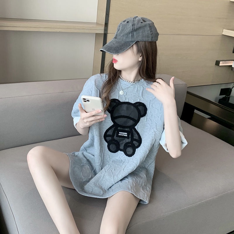 Áo thun tay ngắn dáng rộng in họa tiết hoạt hình gấu dễ phối đồ thời trang mùa hè phong cách Hàn Quốc 2021