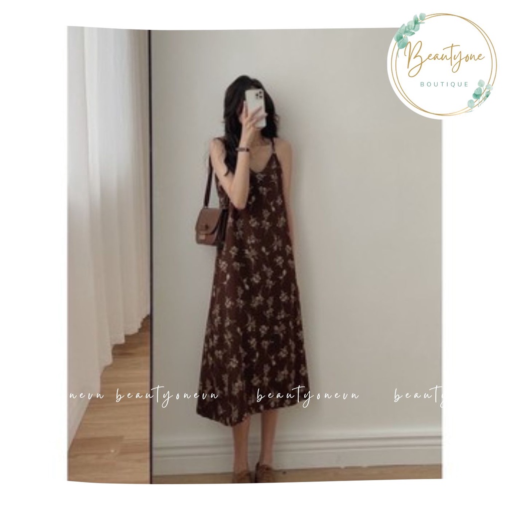Đầm - Váy hai dây hoa nhí phong các Hàn Quốc - Váy hai dây hai màu trắng nâu Ulzzang