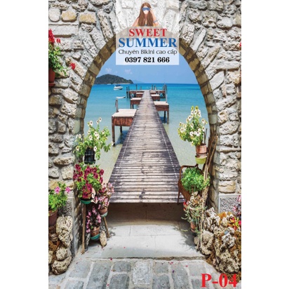 Phông Nền Chụp Ảnh Livestream 3D 5D Cổng Vòng Biển Xanh Tươi Mới Không Lóa Sáng