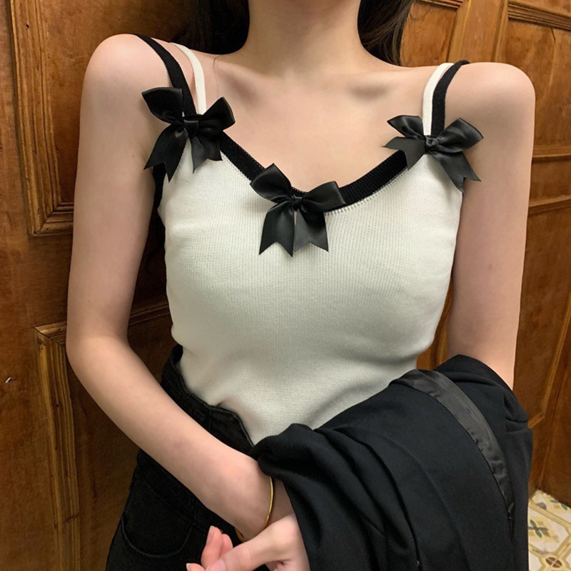 Áo Croptop Hai Dây Dệt Kim Đính Nơ Màu Sắc Tương Phản Thời Trang Mùa Hè Xinh Xắn Cho Nữ