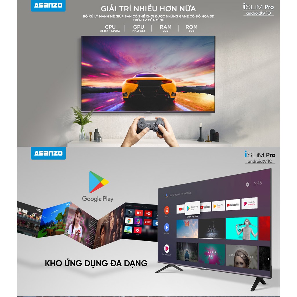 Smart Voice Tivi Asanzo 50 inch UHD 4K 50U71 Android 10.0, Remote Giọng Nói, Bluetooth 5.0, Wifi 2.4Ghz, Ram 2GB, Rom 8