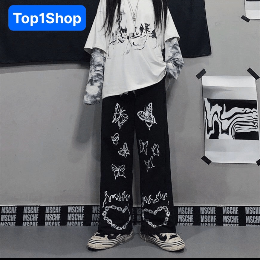 Quần jogger ống rộng nữ dáng thụng cạp cao lưng chun rút gấu in hình Trẻ Trung Năng Động